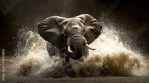 African elephant running through the water in a river in africa during a safari.