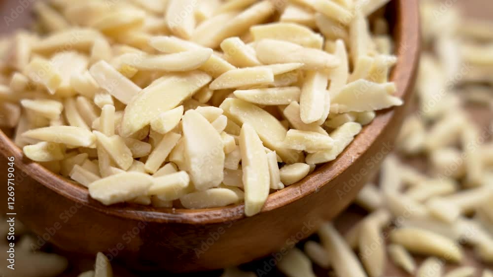 Chopped almonds in rustic wooden bowl with scattered nut pieces. Fresh nutritious ingredient. Macro. Top view Chopped almonds in rustic wooden bowl with scattered nut pieces. Fresh nutritious ingredient. Macro. Top view