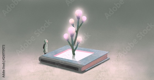 	
Education, book, reading, imagination, dream of children and back to school concept art. conceptual illustration. kid and animal.	
