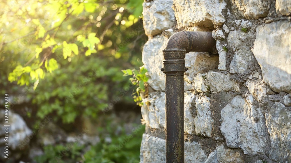Rustic Outdoor Setting with an Old Air Pipe Against Stone Wall Rustic Outdoor Setting with an Old Air Pipe Against Stone Wall