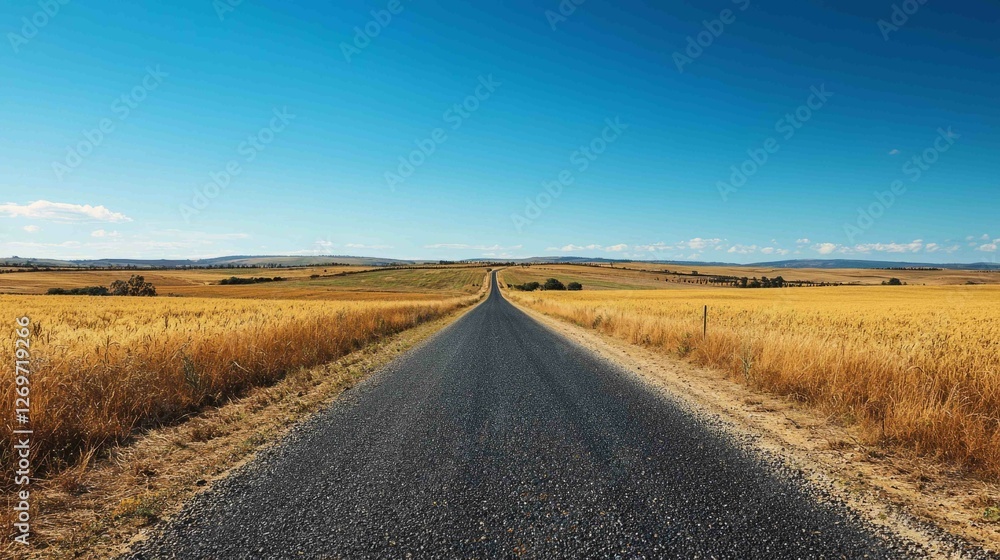 Serene Rustic Roadway Through Golden Wheat Fields Under Blue Sky Serene Rustic Roadway Through Golden Wheat Fields Under Blue Sky