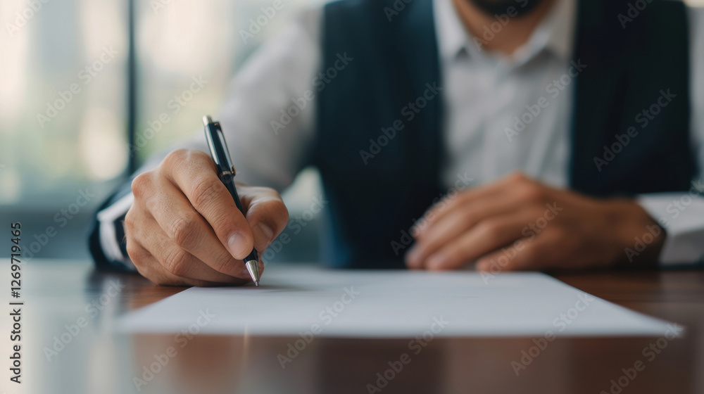 man in suit writes on blank sheet of paper with pen, showcasing professional setting. focus is on hand and writing action, conveying sense of business and decision making man in suit writes on blank sheet of paper with pen, showcasing professional setting. focus is on hand and writing action, conveying sense of business and decision making