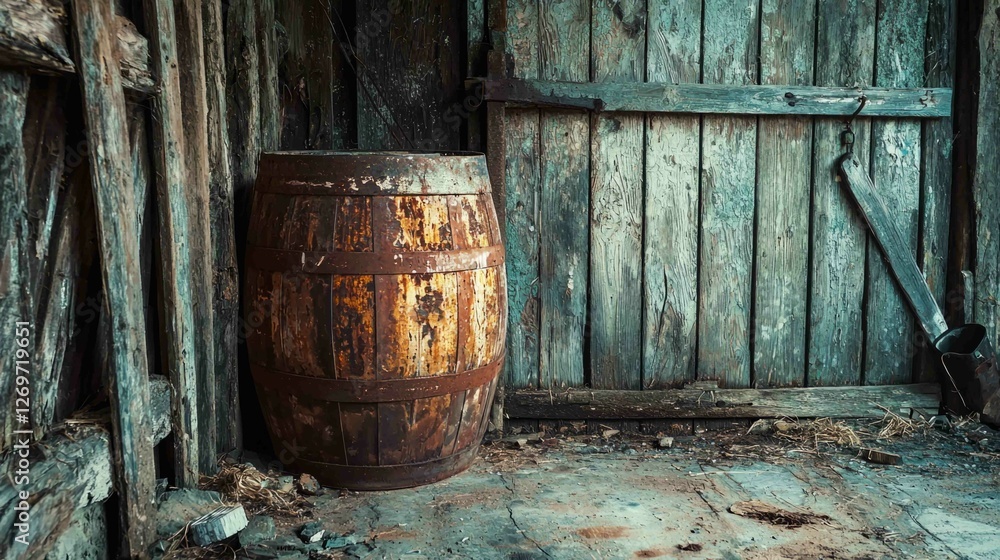 Rustic Dented Metal Barrel in Old Weathered Wooden Scene Rustic Dented Metal Barrel in Old Weathered Wooden Scene