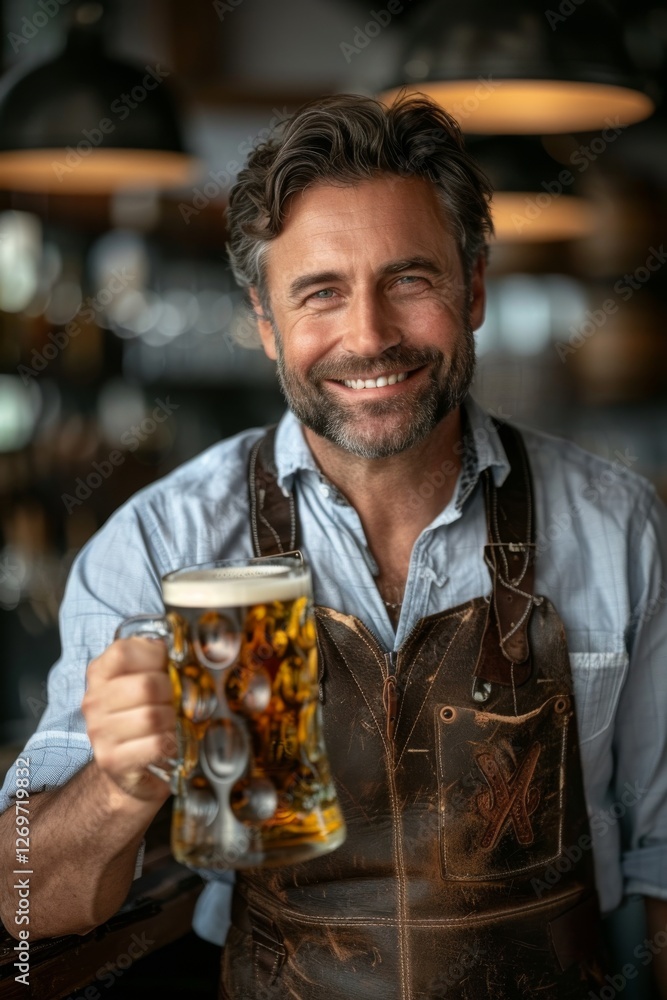Smiling man beer mug toast cheers celebration bar pub social gathering culture global trend Smiling man beer mug toast cheers celebration bar pub social gathering culture global trend