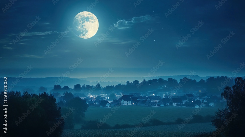 Moonlit Village Nestled In Misty Hills Under Starry Night Moonlit Village Nestled In Misty Hills Under Starry Night