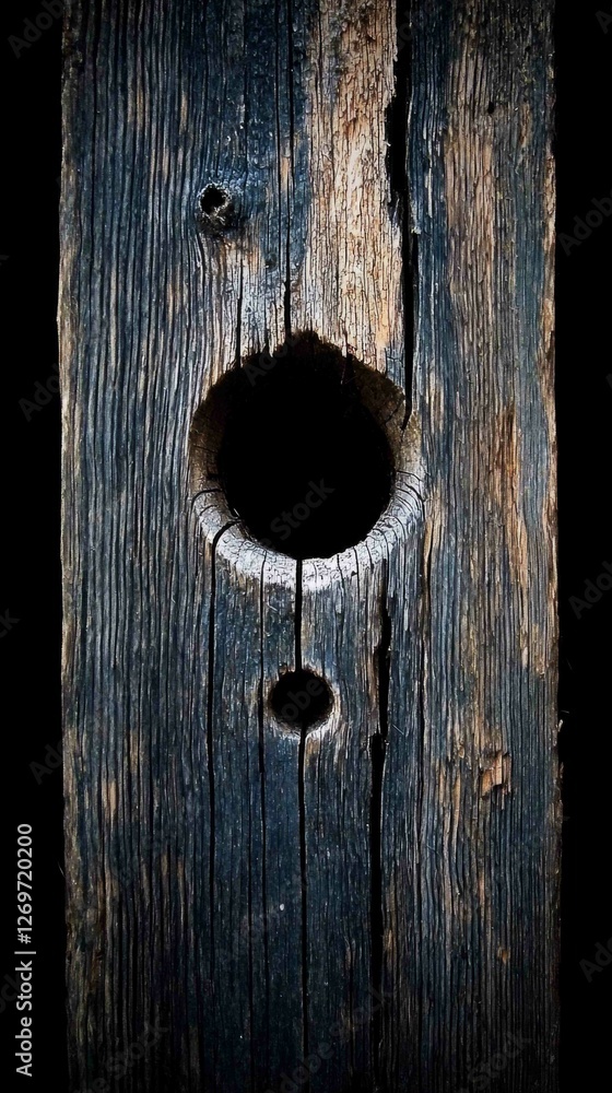 Rustic Wooden Door with Natural Hole and Textured Surface Rustic Wooden Door with Natural Hole and Textured Surface