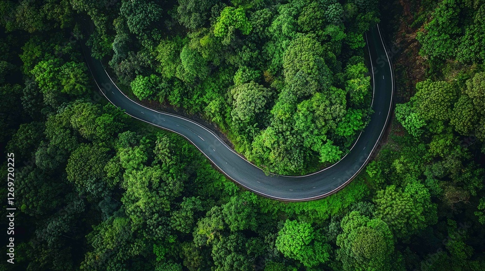 Aerial View of Winding Asphalt Road Through Lush Green Forest Aerial View of Winding Asphalt Road Through Lush Green Forest