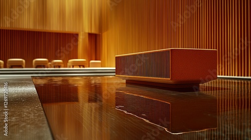 Modern reception desk in a wooden hall with water feature photo