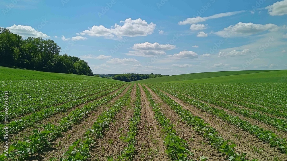 Serene Farm Scene with Neatly Planted Bean Rows Under Blue Sky Serene Farm Scene with Neatly Planted Bean Rows Under Blue Sky