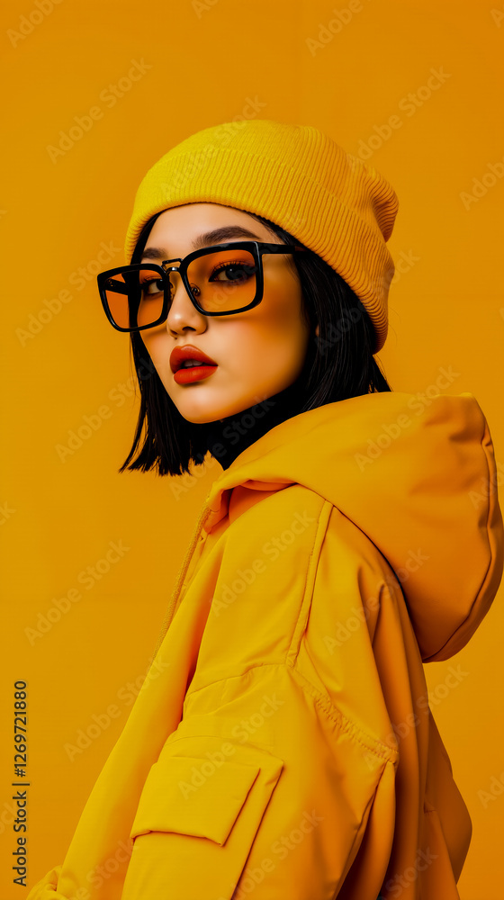 A woman wearing a yellow jacket and a yellow beanie A woman wearing a yellow jacket and a yellow beanie