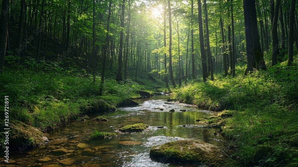 Obraz premium Serene Untouched Natural Landscape with Flowing Stream and Forest Light