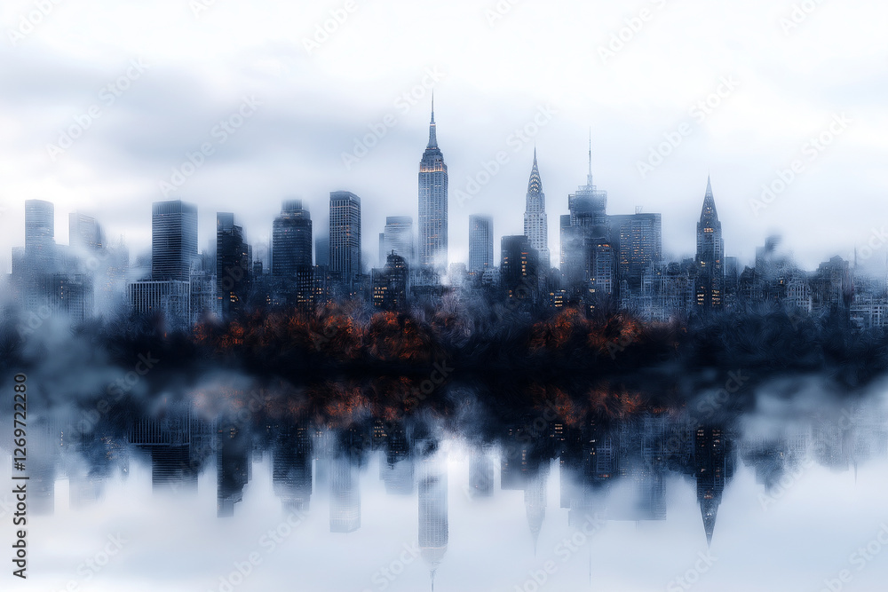 Fototapeta premium A city skyline is reflected in a body of water
