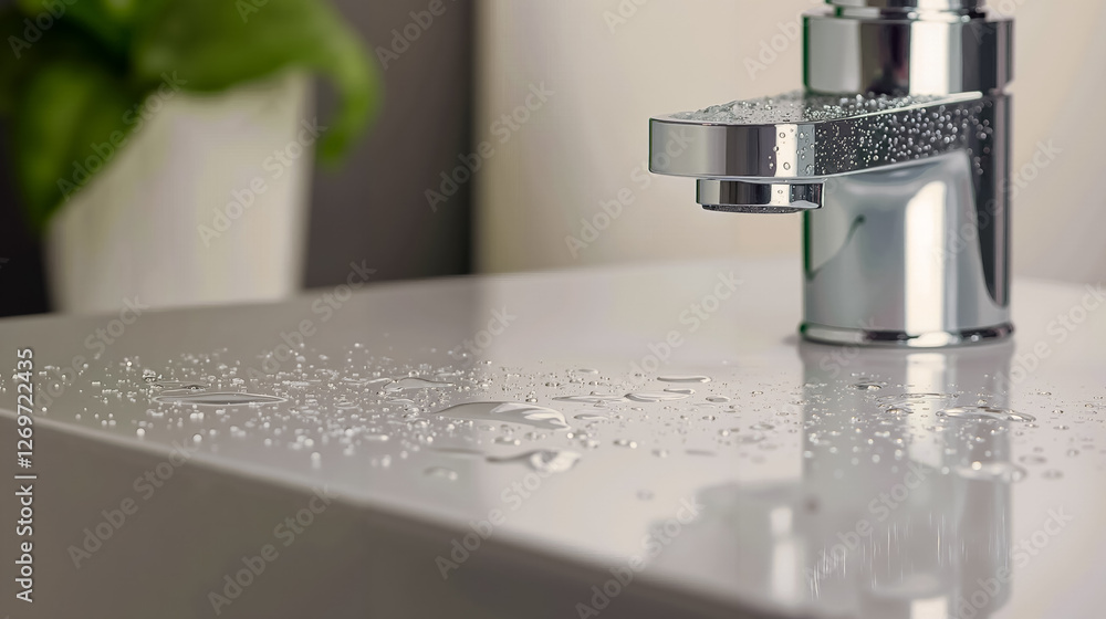 A faucet with water droplets on the sink in a bathroom A faucet with water droplets on the sink in a bathroom