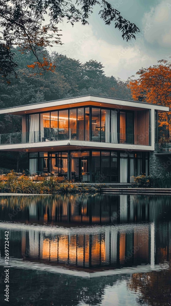Obraz premium Serene Lakeside Villa with Reflective Exterior Surrounded by Nature