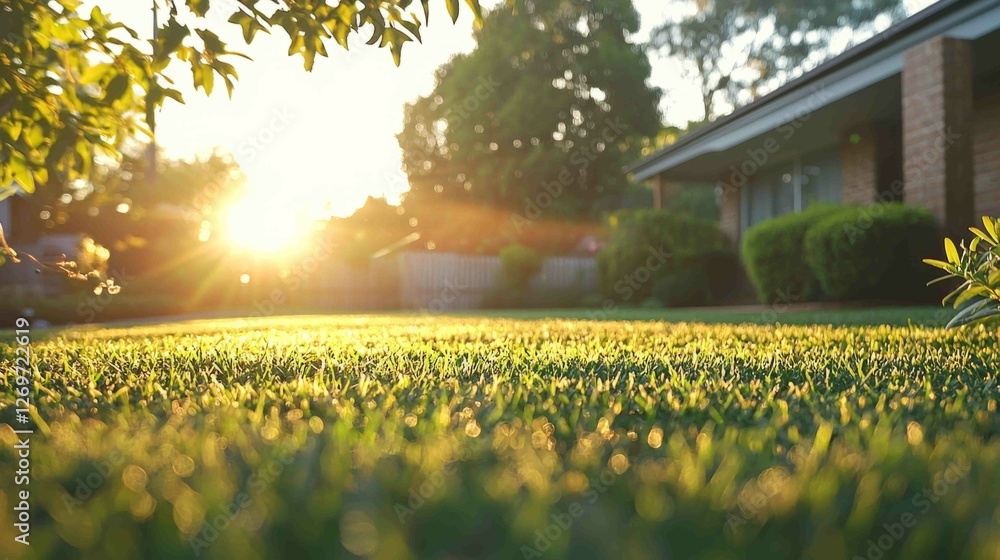 Obraz premium Serene Lawn Illuminated by Gentle Sunlight in a Quiet Suburb