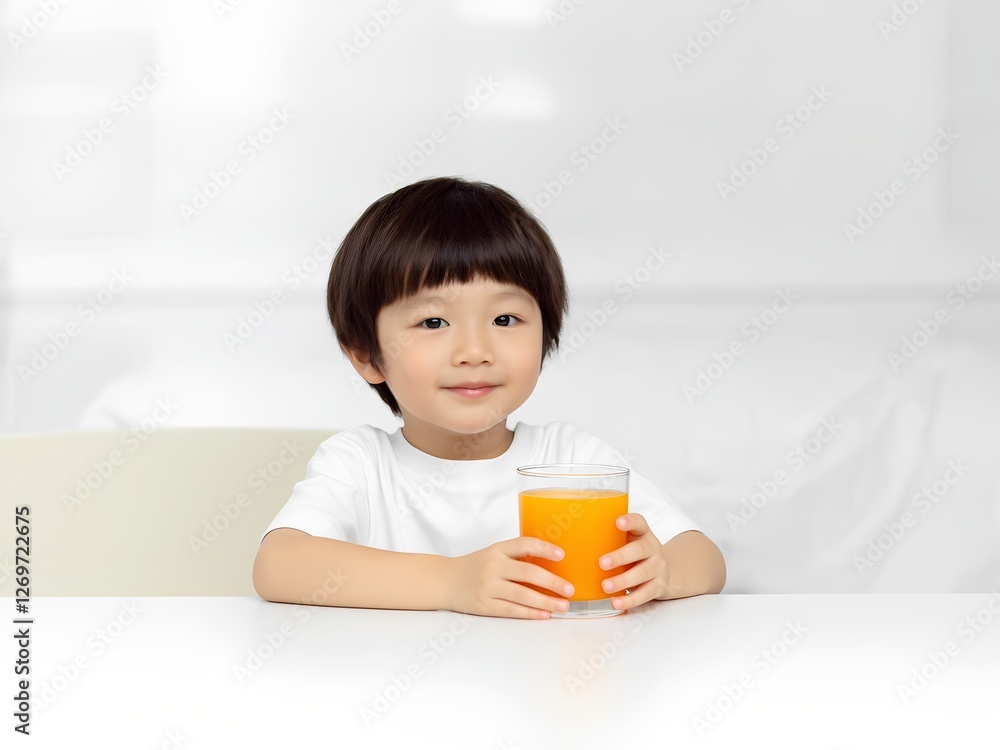 Smiling Toddler Boy Holding a Glass of Freshly Squeezed Orange Juice, Healthy Eating Habit Smiling Toddler Boy Holding a Glass of Freshly Squeezed Orange Juice, Healthy Eating Habit
