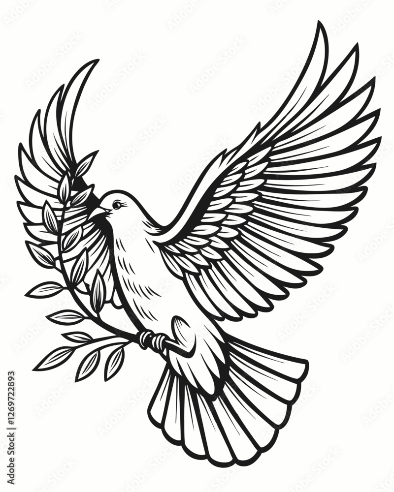 Fototapeta premium Elegant Dove of Peace – Black and White Engraved Illustration with Olive Branch.