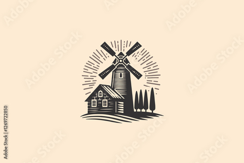Vintage windmill and farmhouse illustration with retro style. logo, emblem, print