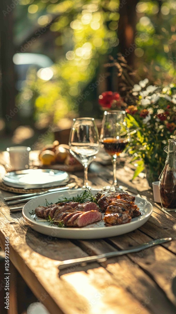 Serene Outdoor Dining Setup with Rustic Aesthetic and Delicious Food Serene Outdoor Dining Setup with Rustic Aesthetic and Delicious Food