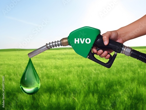 Hand Holding Green HVO Fuel Pump with Renewable Fuel Drop, Clean Energy Concept in Green Field