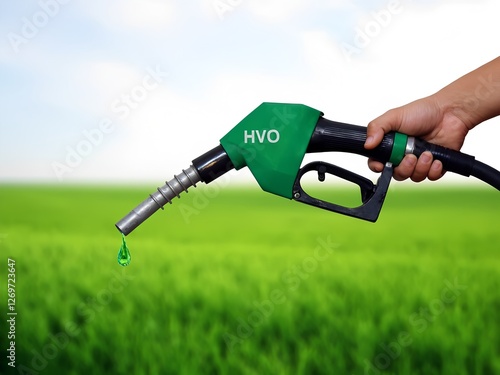 Eco-Friendly HVO Fuel Pump with Green Drop, Clean Energy and Sustainability in Green Field