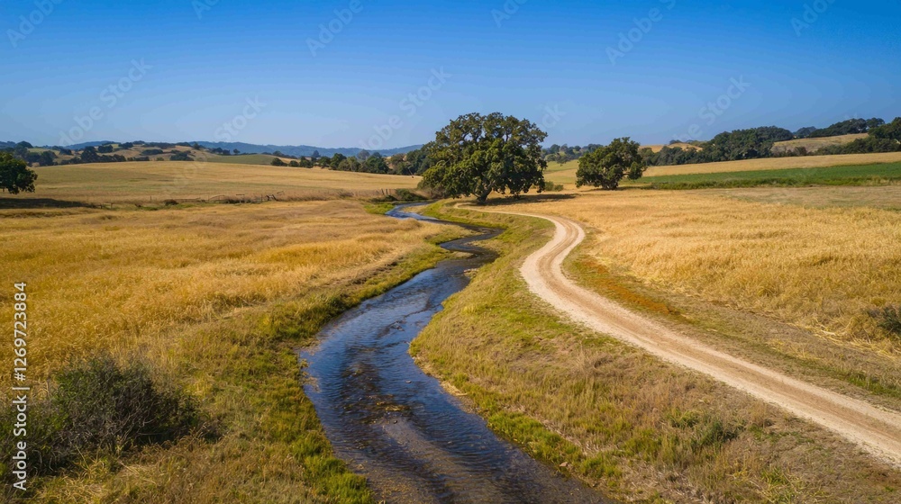 Serene Rural Landscape with Gently Flowing Stream and Fields Serene Rural Landscape with Gently Flowing Stream and Fields