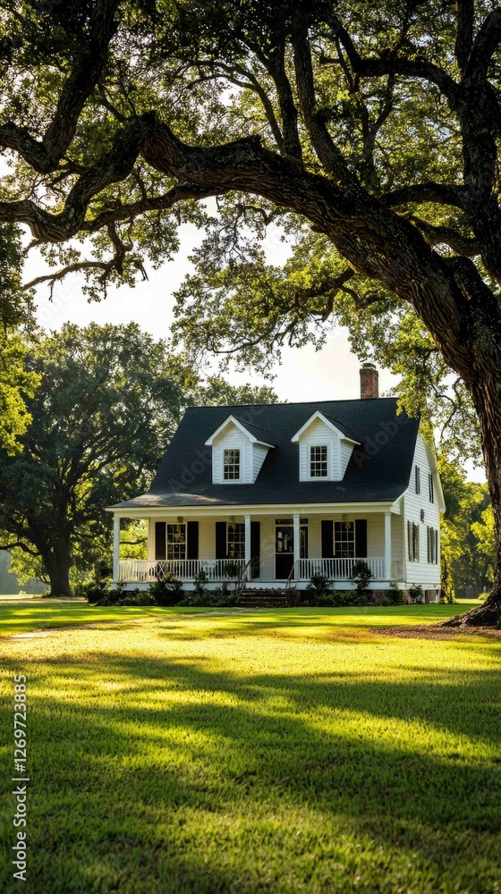 Obraz premium Serene Rural Home with Large Front Yard Under Majestic Trees