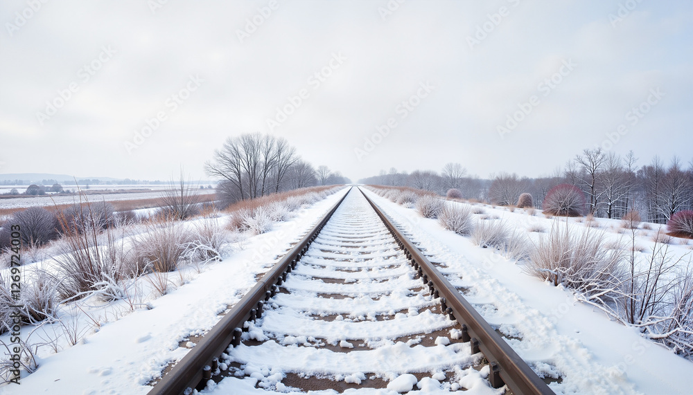 Fototapeta premium Snow-covered railway tracks through a winter landscape