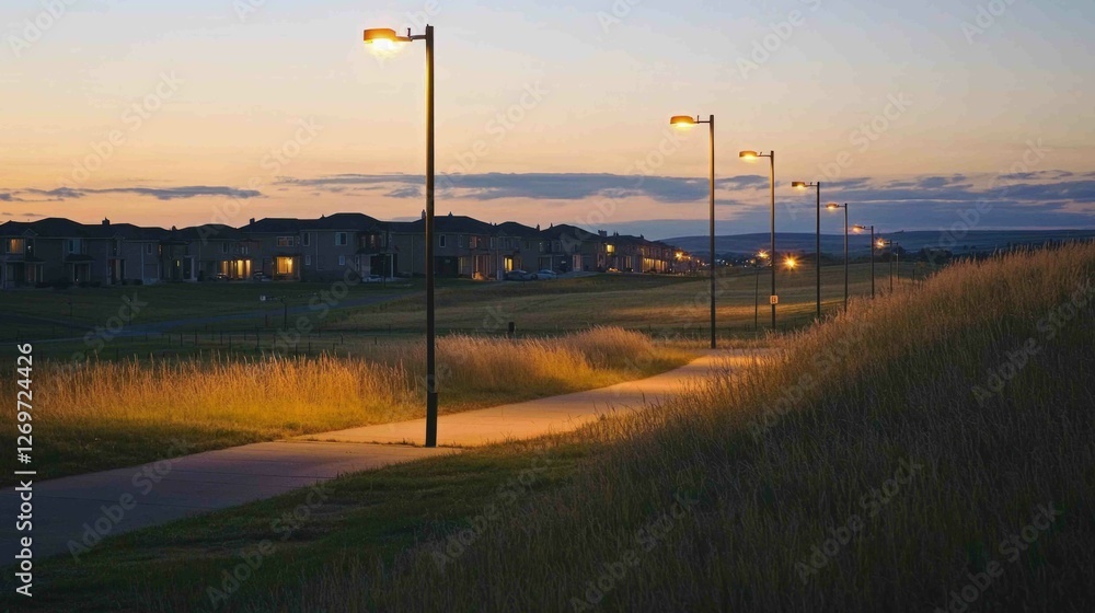 Serene Suburban Scene at Dusk with Warm Street Lights and Grass Serene Suburban Scene at Dusk with Warm Street Lights and Grass