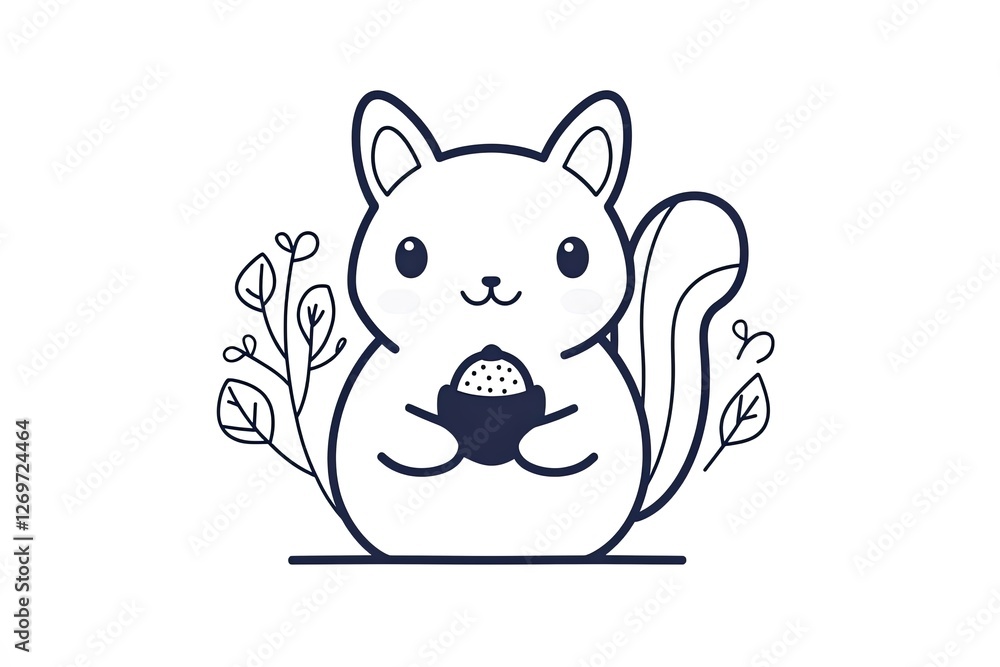 Outline of a cheerful squirrel holding an acorn. Outline of a cheerful squirrel holding an acorn.