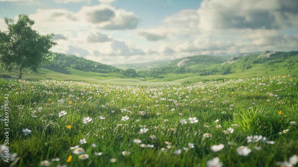 Serene Spring Landscape with Fresh Green Field and Beautiful Clouds Serene Spring Landscape with Fresh Green Field and Beautiful Clouds