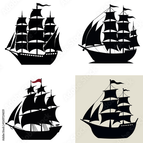 Vintage silhouette of an old sailing ship with detailed sails and rigging, classic maritime theme, vector art bundle set