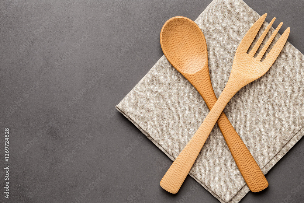 Reusable wooden spoon and fork crossed on linen napkin, neutral background with space for text, eco-friendly theme Reusable wooden spoon and fork crossed on linen napkin, neutral background with space for text, eco-friendly theme