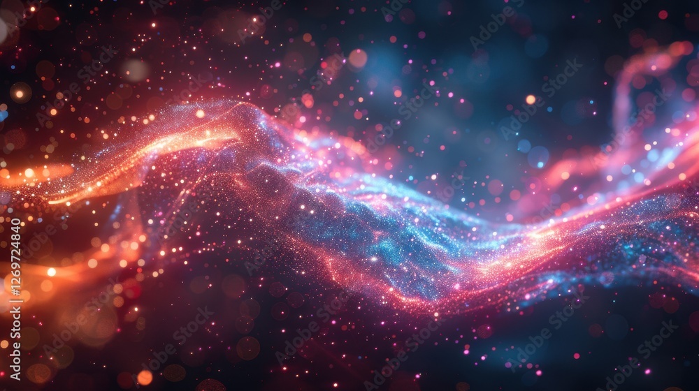 Stunning Abstract Representation of Cosmic Particles with Colorful Lights and Energy Waves in a Dark Background Stunning Abstract Representation of Cosmic Particles with Colorful Lights and Energy Waves in a Dark Background