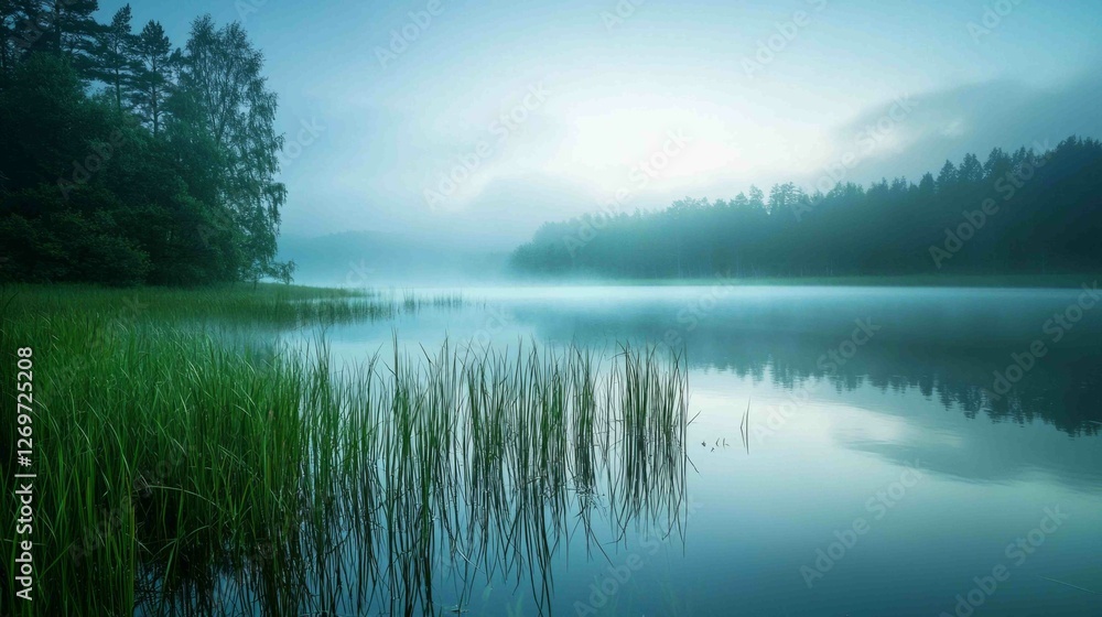 Serene Wetland Landscape with Reflective Water Under Fog Serene Wetland Landscape with Reflective Water Under Fog