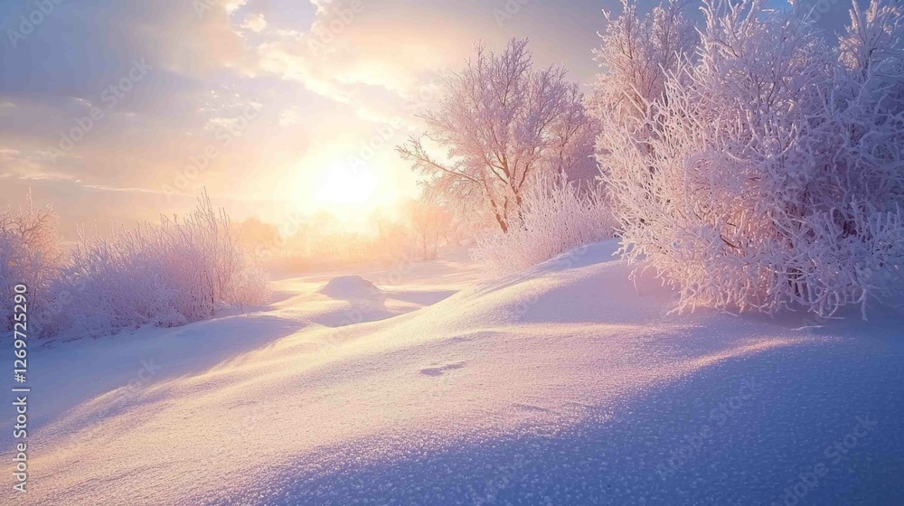 Serene Winter Landscape Blanketed in Soft Snow at Sunrise Serene Winter Landscape Blanketed in Soft Snow at Sunrise