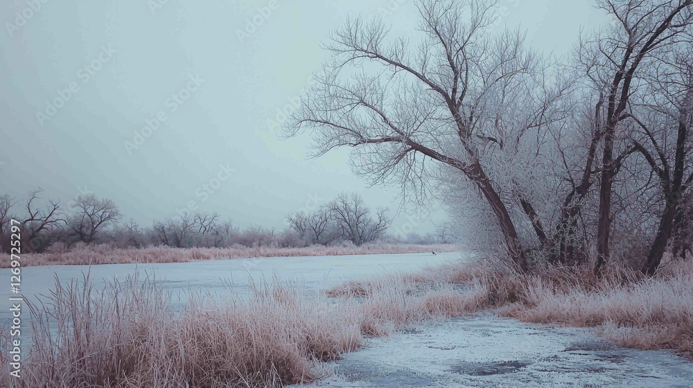 Serene Winter Landscape with Frosted Fields and Bare Trees Serene Winter Landscape with Frosted Fields and Bare Trees