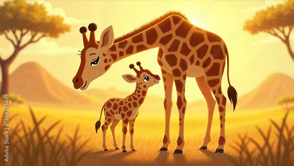 Fototapeta premium Cute cartoon giraffe mother and baby standing together in a warm sunset savanna