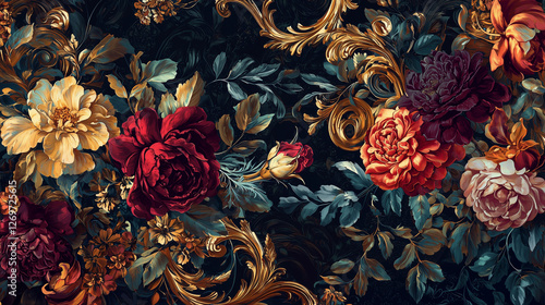 Wallpaper Mural Papier peint fond d'écran floral baroque luxueux avec ornements dorés et fleurs raffinées Torontodigital.ca