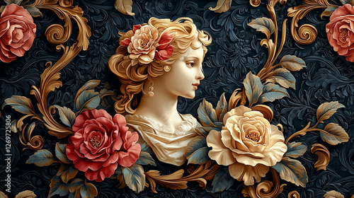 Papier peint fond d'écran floral baroque luxueux avec ornements dorés et fleurs raffinées