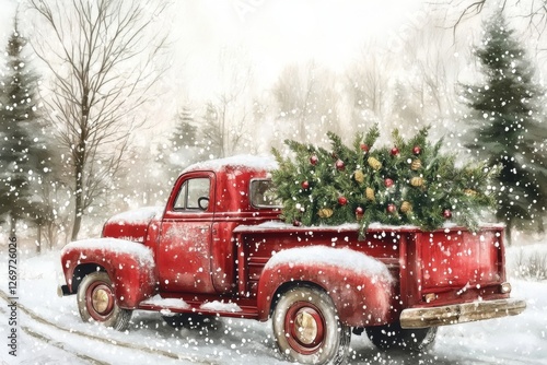 An idyllic scene featuring a classic red truck with a Christmas tree, covered in snow, evoking feelings of warmth and joy on a chilly winter's day.