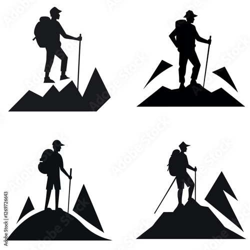 Adventure-themed silhouette of a hiker standing on a mountain peak, backpack and trekking pole visible, vector art bundle set
