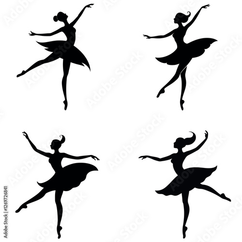 Elegant silhouette of a ballerina in a graceful dance pose, tutu and flowing movement, high contrast vector art bundle set