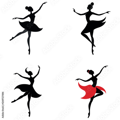 Elegant silhouette of a ballerina in a graceful dance pose, tutu and flowing movement, high contrast vector art bundle set