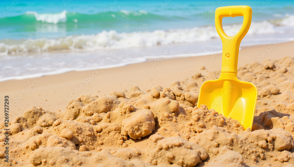 Yellow shovel in sand on beach by ocean Yellow shovel in sand on beach by ocean