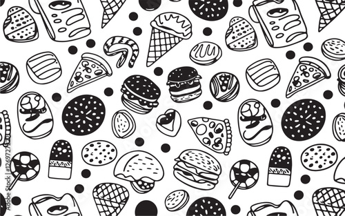 Set of Food Icon line Art Vector Drawing Ppattern Illustration Background.	