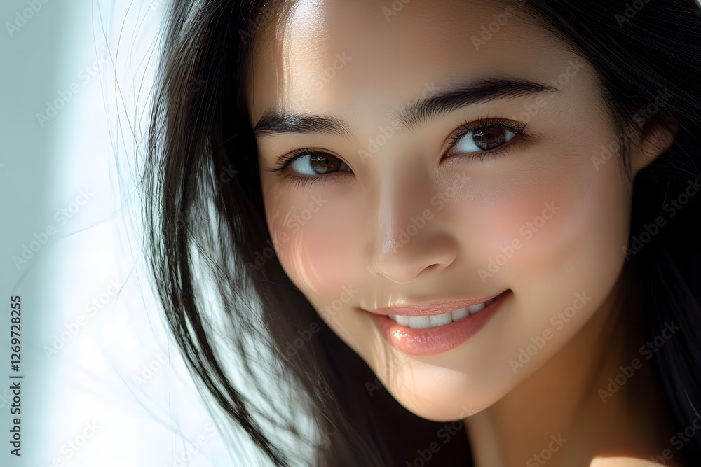 Obraz premium A vibrant young Asian woman in her mid-30s with glossy, straight black hair, smiling radiantly. Close-up portrait emphasizing youthful beauty, healthy skin, and happiness. in white background