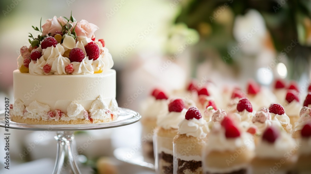A gourmet cake featuring luscious toppings of fresh raspberries and cream, accompanied by delicate desserts, creating a visually stunning and delicious display. A gourmet cake featuring luscious toppings of fresh raspberries and cream, accompanied by delicate desserts, creating a visually stunning and delicious display.