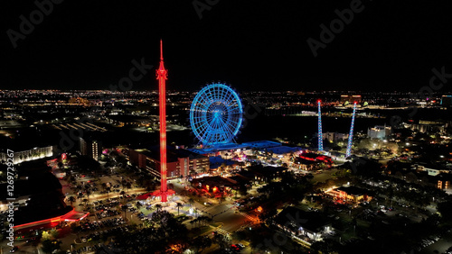 Icon Park At Orlando In Florida United States. Illuminated Park. Universal Orlando Scene. Night City Scenery. Florida United States. Icon Park At Orlando In Florida United States. 