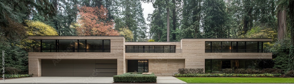 Modern house exterior with a garden in front and surrounded by trees, for architecture designs and real estate